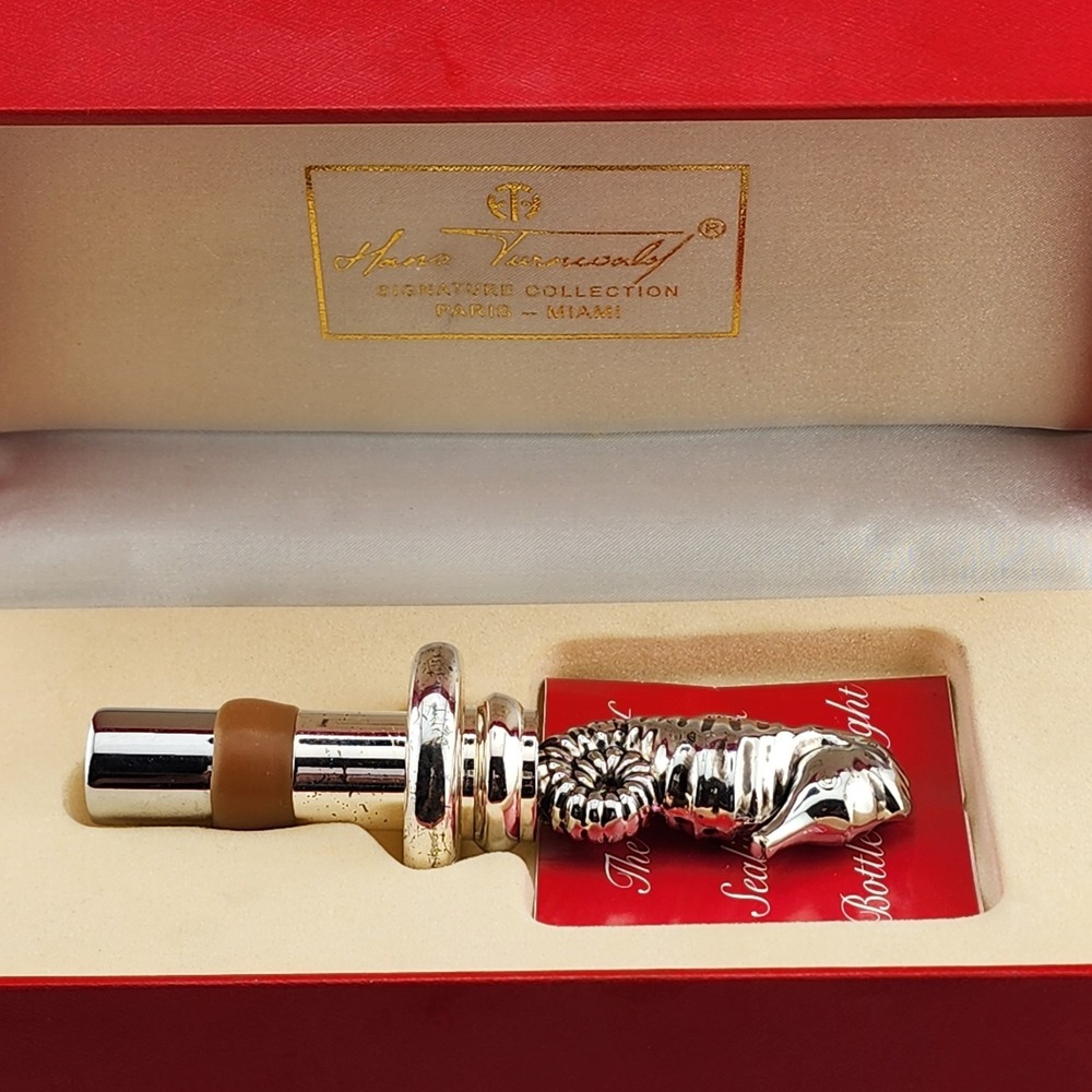 Hans Turnwald Seahorse Silver Tone Wine Bottle Stopper Signature Collection Box